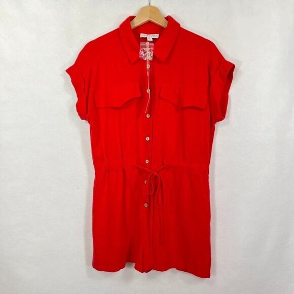 She + Sky Collared Romper Short Sleeve Linen Blend Summer Beach Graduation NWT L - Picture 1 of 6